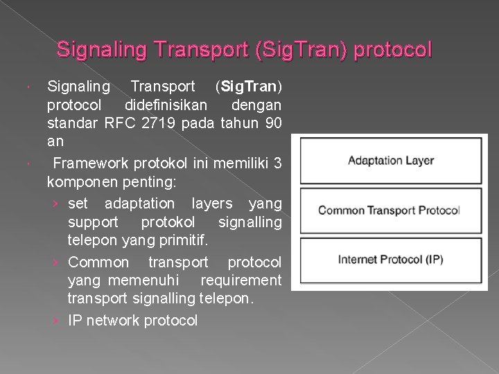 Signaling Transport (Sig. Tran) protocol didefinisikan dengan standar RFC 2719 pada tahun 90 an Signaling Transport (Sig. Tran) protocol didefinisikan dengan standar RFC 2719 pada tahun 90 an