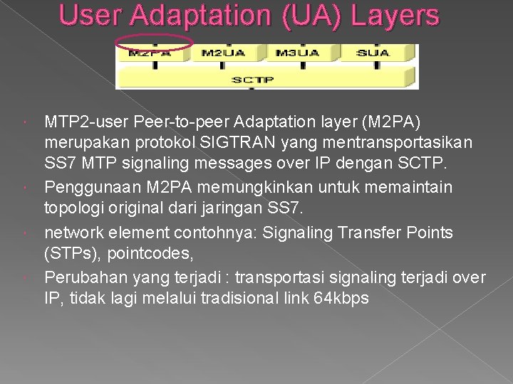 User Adaptation (UA) Layers MTP 2 -user Peer-to-peer Adaptation layer (M 2 PA) merupakan User Adaptation (UA) Layers MTP 2 -user Peer-to-peer Adaptation layer (M 2 PA) merupakan