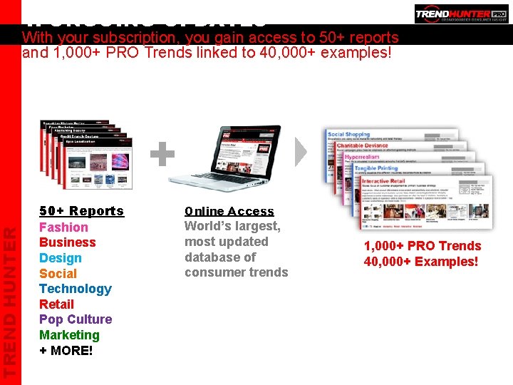 TREND HUNTER 1. ONGOING UPDATES With your subscription, you gain access to 50+ reports