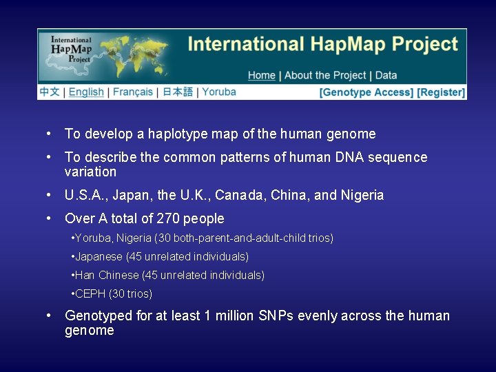  • To develop a haplotype map of the human genome • To describe