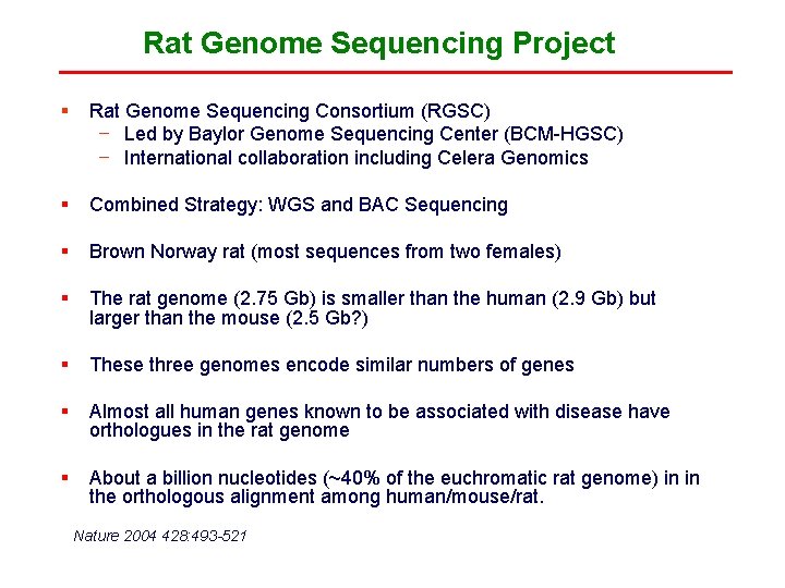 Rat Genome Sequencing Project § Rat Genome Sequencing Consortium (RGSC) − Led by Baylor