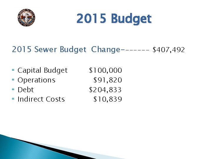 2015 Budget 2015 Sewer Budget Change------- $407, 492 Capital Budget Operations Debt Indirect Costs