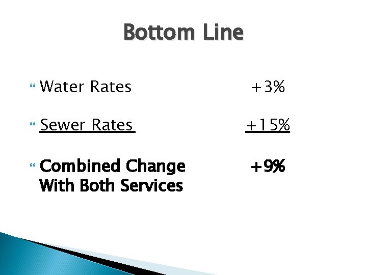 Bottom Line Water Rates +3% Sewer Rates +15% Combined Change With Both Services +9%