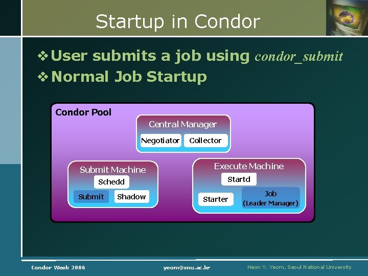 Startup in Condor v User submits a job using condor_submit v Normal Job Startup