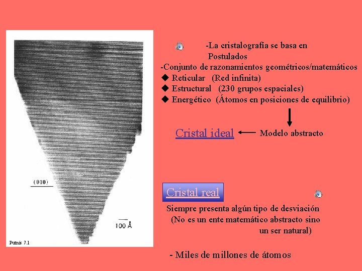 -La cristalografía se basa en Postulados -Conjunto de razonamientos geométricos/matemáticos u Reticular (Red infinita)