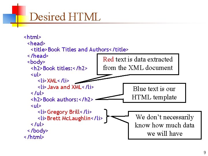 Desired HTML <html> <head> <title>Book Titles and Authors</title> </head> Red text is data extracted