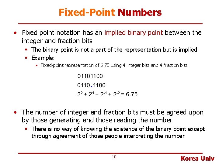 Fixed-Point Numbers • Fixed point notation has an implied binary point between the integer