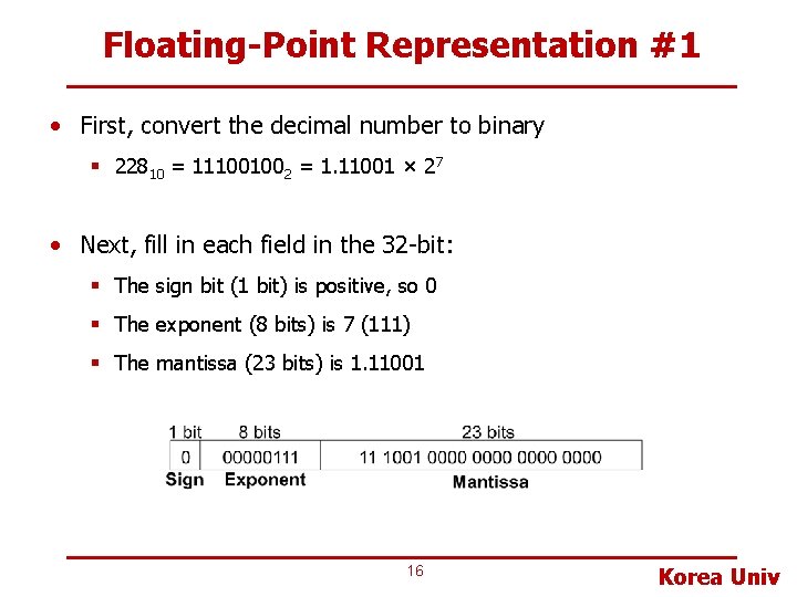 Floating-Point Representation #1 • First, convert the decimal number to binary § 22810 =