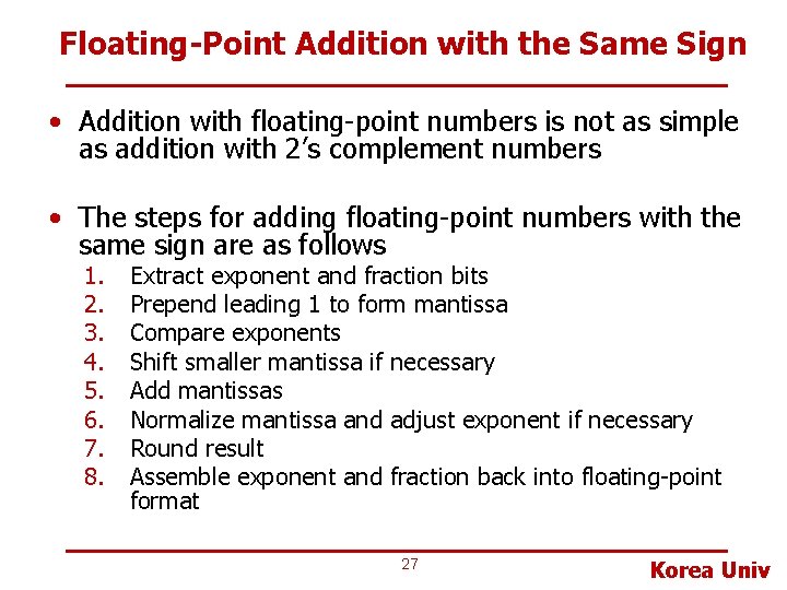 Floating-Point Addition with the Same Sign • Addition with floating-point numbers is not as