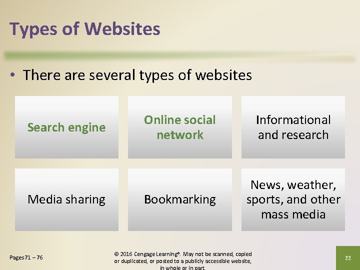 Types of Websites • There are several types of websites Search engine Media sharing