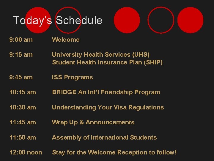 Today’s Schedule 9: 00 am Welcome 9: 15 am University Health Services (UHS) Student