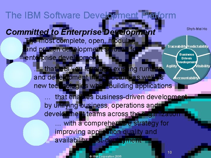 The IBM Software Development Platform Shyh-Mei Ho Committed to Enterprise Development The most complete,