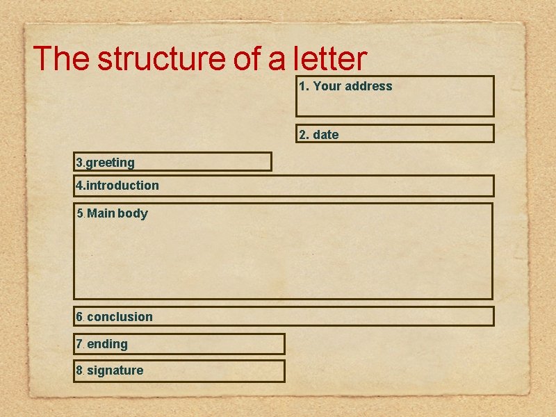The structure of a letter 1. Your address 2. date 3. greeting 4. introduction The structure of a letter 1. Your address 2. date 3. greeting 4. introduction