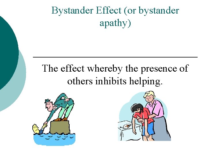 Bystander Effect (or bystander apathy) The effect whereby the presence of others inhibits helping.