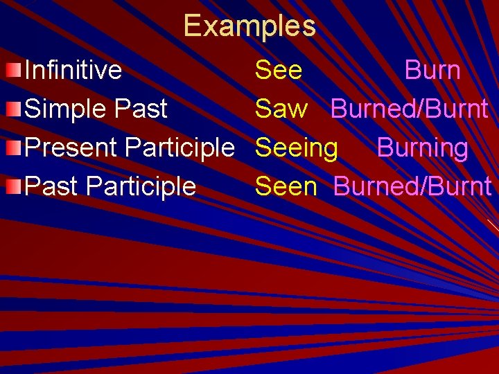 Examples Infinitive Simple Past Present Participle Past Participle See Burn Saw Burned/Burnt Seeing Burning