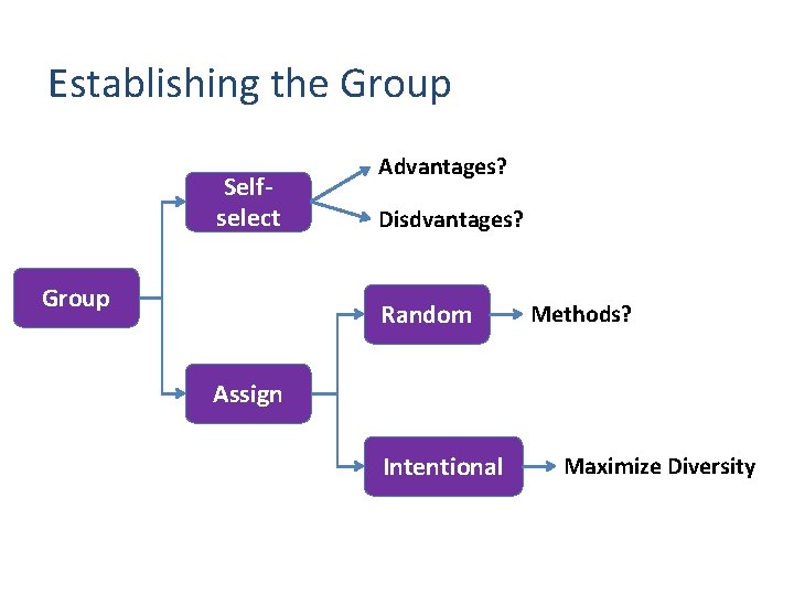 Establishing the Group Selfselect Group Advantages? Disdvantages? Random Methods? Assign Intentional Maximize Diversity 