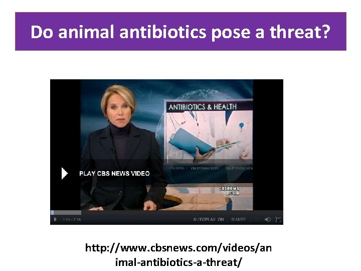 Do animal antibiotics pose a threat? http: //www. cbsnews. com/videos/an imal-antibiotics-a-threat/ 