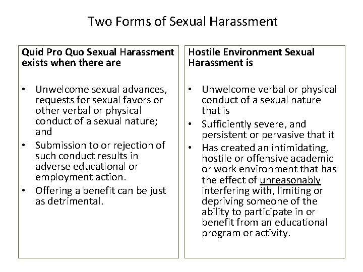  Two Forms of Sexual Harassment Quid Pro Quo Sexual Harassment exists when there