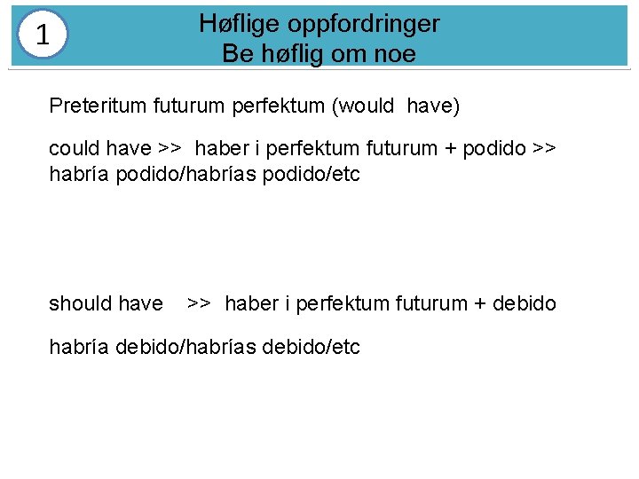 1 Høflige oppfordringer Be høflig om noe Preteritum futurum perfektum (would have) could have