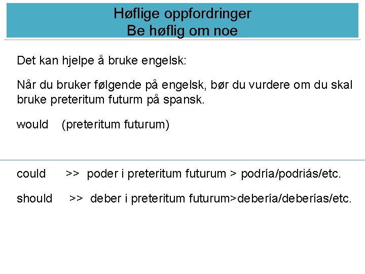 Høflige oppfordringer Be høflig om noe Det kan hjelpe å bruke engelsk: Når du