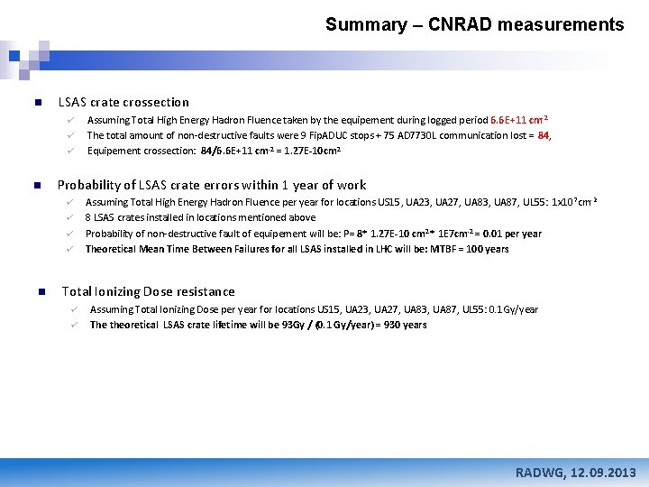 Summary – CNRAD measurements n LSAS crate crossection ü ü ü n Probability of