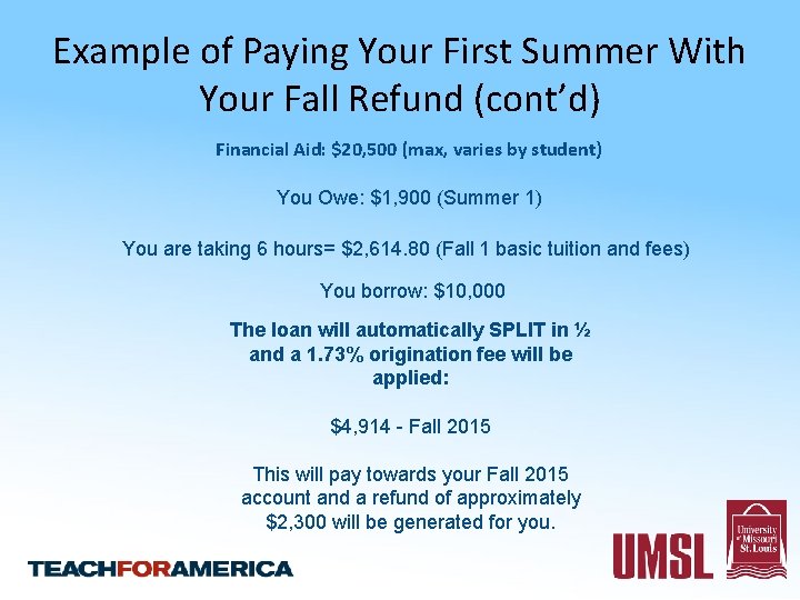 Example of Paying Your First Summer With Your Fall Refund (cont’d) Financial Aid: $20,