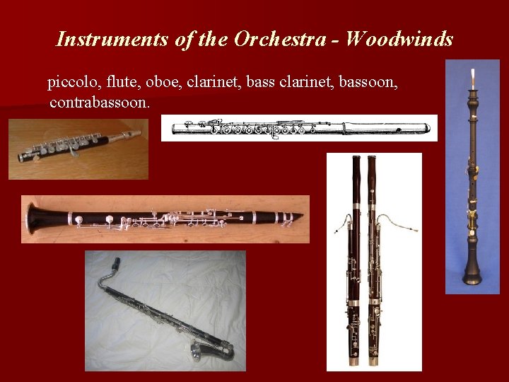 Instruments of the Orchestra - Woodwinds piccolo, flute, oboe, clarinet, bassoon, contrabassoon. 