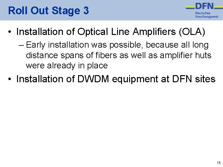 Roll Out Stage 3 • Installation of Optical Line Amplifiers (OLA) – Early installation