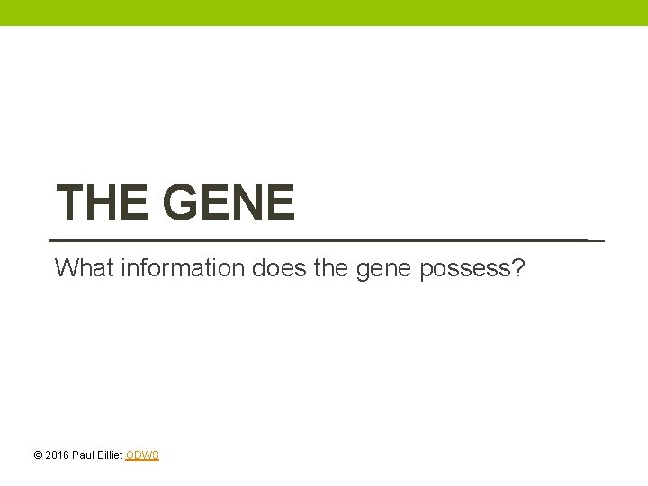 THE GENE What information does the gene possess? © 2016 Paul Billiet ODWS THE GENE What information does the gene possess? © 2016 Paul Billiet ODWS