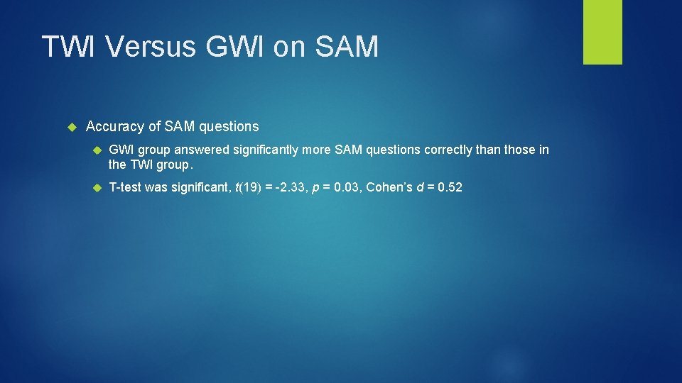 TWI Versus GWI on SAM Accuracy of SAM questions GWI group answered significantly more TWI Versus GWI on SAM Accuracy of SAM questions GWI group answered significantly more