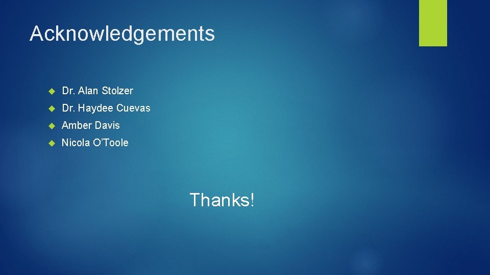 Acknowledgements Dr. Alan Stolzer Dr. Haydee Cuevas Amber Davis Nicola O’Toole Thanks! Acknowledgements Dr. Alan Stolzer Dr. Haydee Cuevas Amber Davis Nicola O’Toole Thanks!