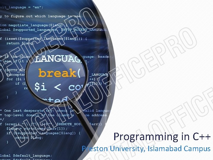 Programming in C++ Preston University, Islamabad Campus 