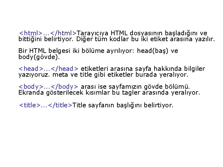  <html>. . . </html>Tarayıcıya HTML dosyasının başladığını ve bittiğini belirtiyor. Diğer tüm kodlar