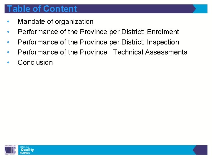 Table of Content • • • Mandate of organization Performance of the Province per