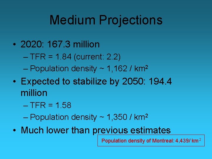 Medium Projections • 2020: 167. 3 million – TFR = 1. 84 (current: 2.