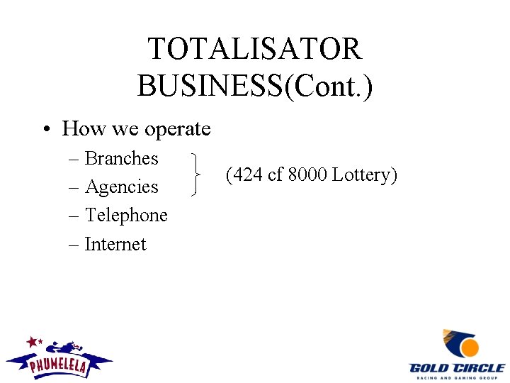 TOTALISATOR BUSINESS(Cont. ) • How we operate – Branches – Agencies – Telephone –