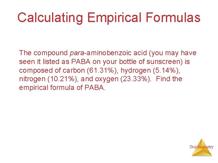Calculating Empirical Formulas The compound para-aminobenzoic acid (you may have seen it listed as