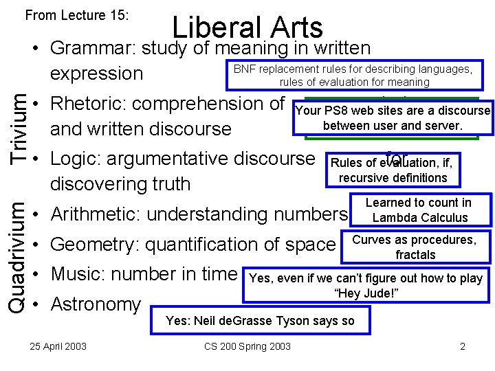 From Lecture 15: Liberal Arts Quadrivium Trivium • Grammar: study of meaning in written