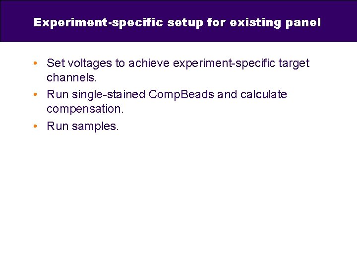 Experiment-specific setup for existing panel • Set voltages to achieve experiment-specific target channels. •