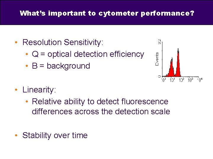 What’s important to cytometer performance? • Resolution Sensitivity: • Q = optical detection efficiency