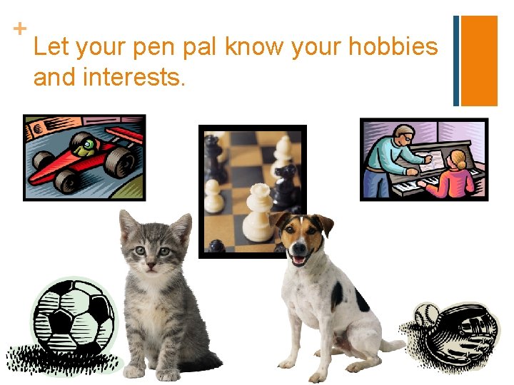 + Let your pen pal know your hobbies and interests. 