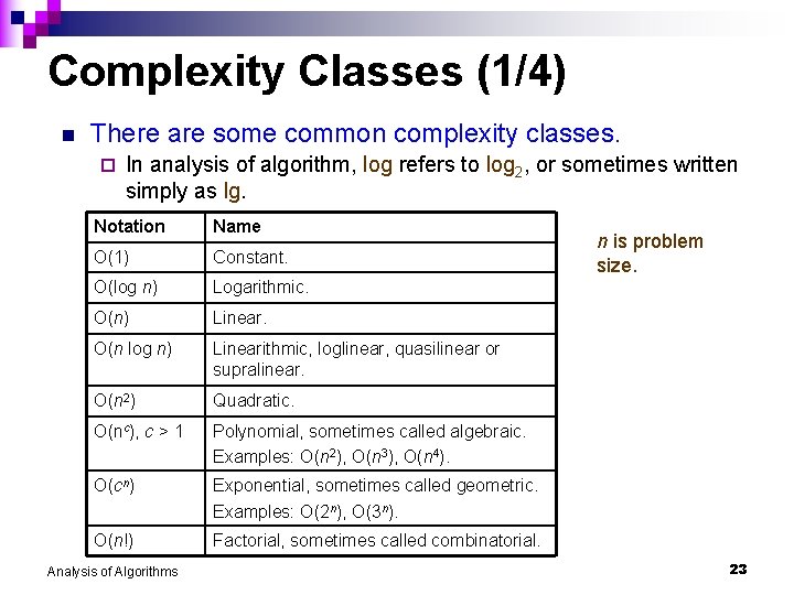 Complexity Classes (1/4) n There are some common complexity classes. ¨ In analysis of