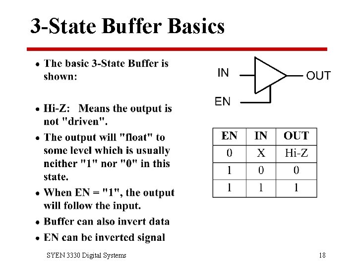 3 -State Buffer Basics SYEN 3330 Digital Systems 18 