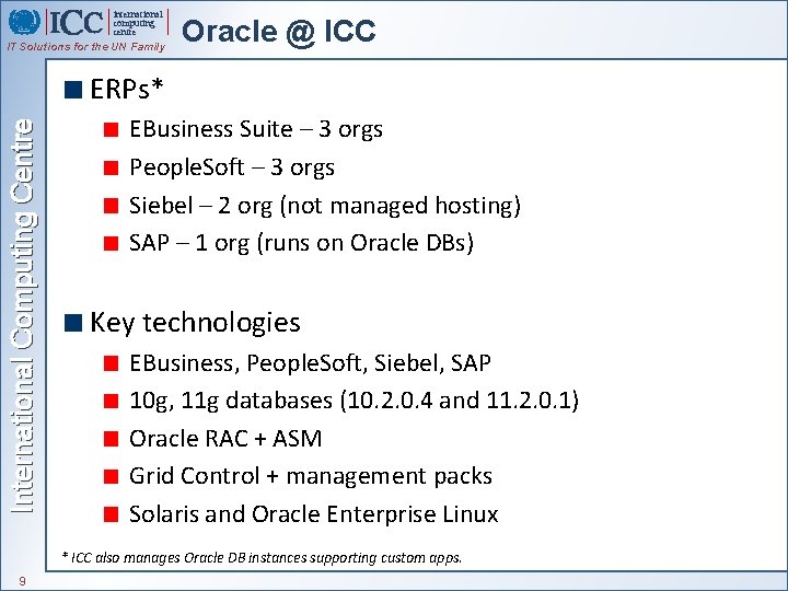 international computing centre IT Solutions for the UN Family Oracle @ ICC International Computing