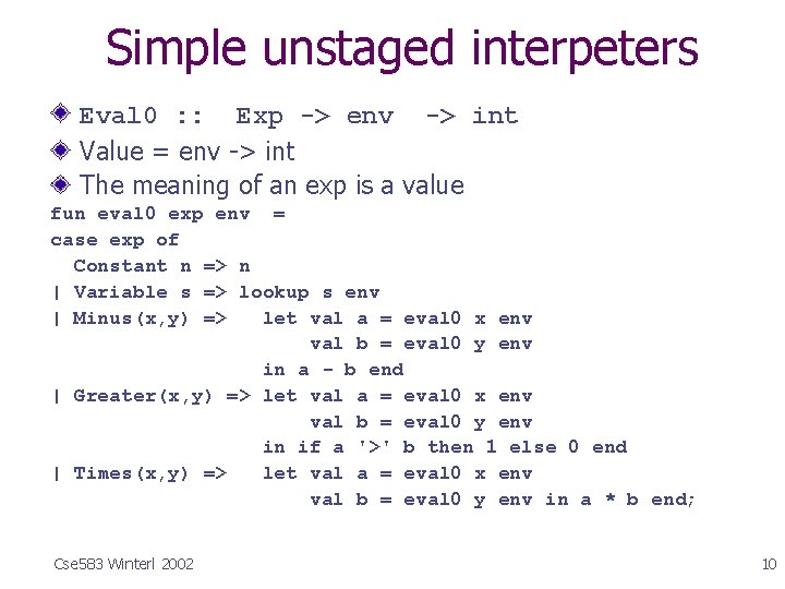 Simple unstaged interpeters Eval 0 : : Exp -> env -> int Value =