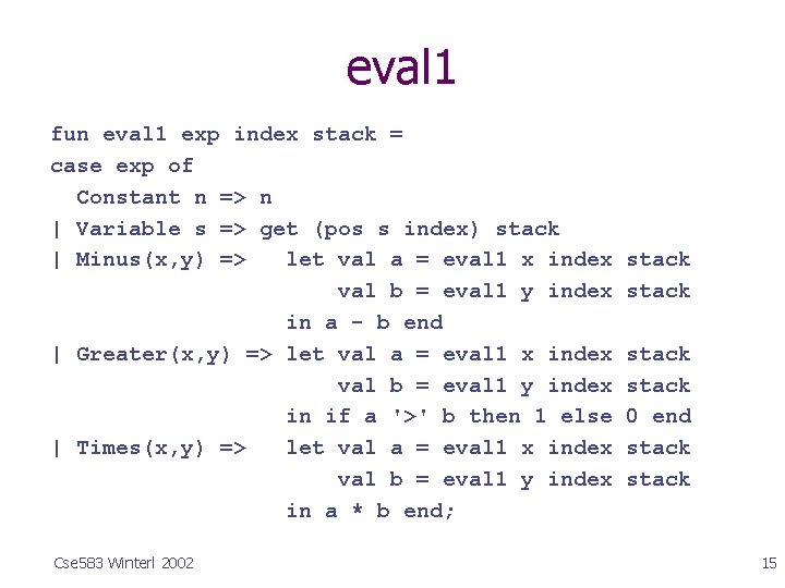 eval 1 fun eval 1 exp index stack = case exp of Constant n