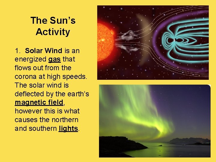 The Sun’s Activity 1. Solar Wind is an energized gas that flows out from