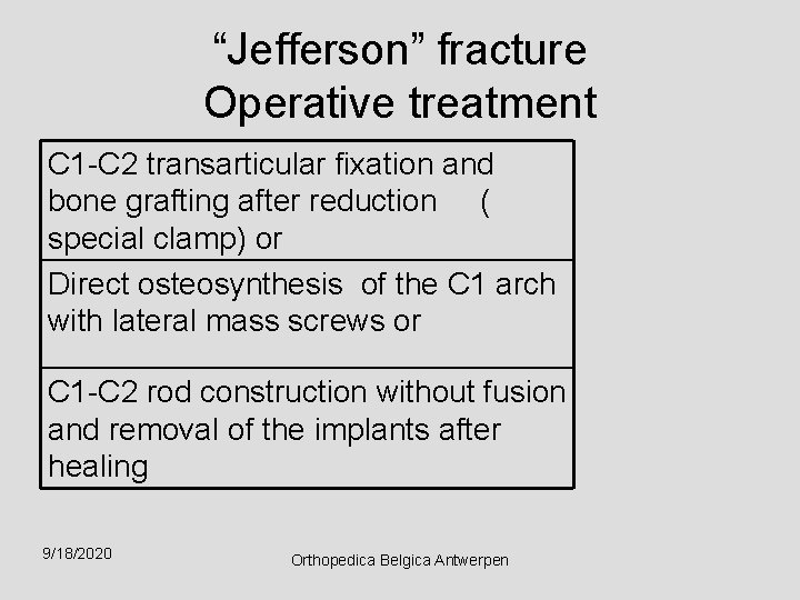 “Jefferson” fracture Operative treatment C 1 -C 2 transarticular fixation and bone grafting after