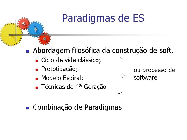 Paradigmas de ES n Abordagem filosófica da construção de soft. n n n Ciclo