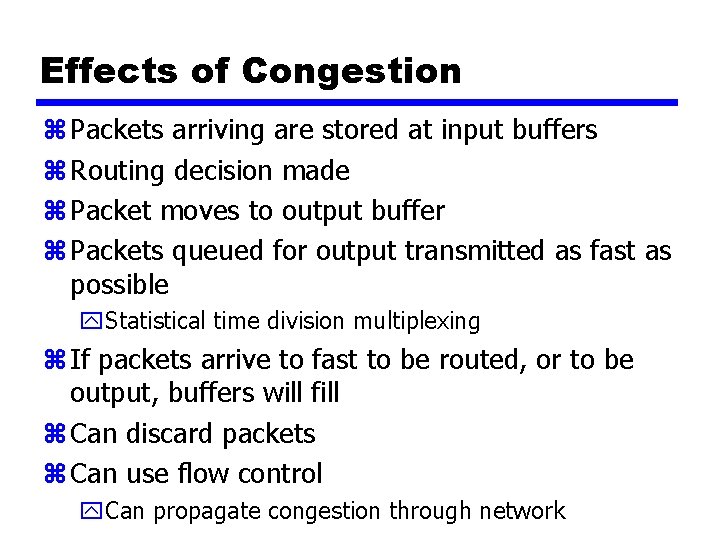 Effects of Congestion z Packets arriving are stored at input buffers z Routing decision